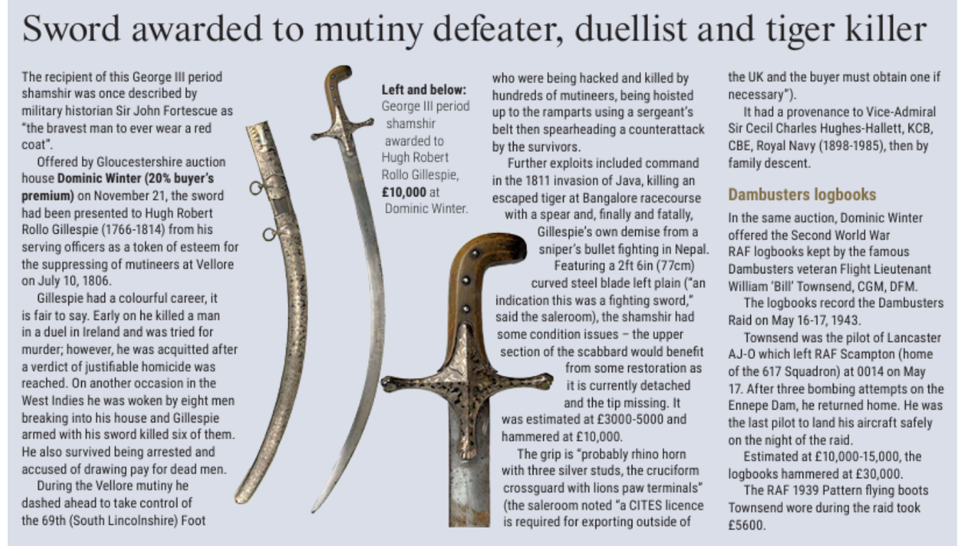 Dominic Winter Auctioneers in the News: Sword awarded to mutiny defeater